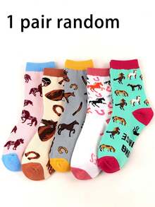 1/5 Pairs Plus Size Women Cartoon Horse & Letter Print Mid-Calf Socks, Comfortable Warm Elegant Cute Girly Happy Socks, Suitable For Modern Home, Sleep, Fashion, Sports, Casual Daily Wear - Multicolor - View 11