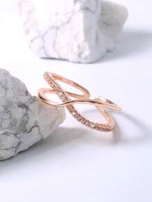 Nooxian 1pc Rose Gold Plated Double Layer Criss-Cross Cubic Zirconia Adjustable Copper Ring For Women - Rose Gold - View 9