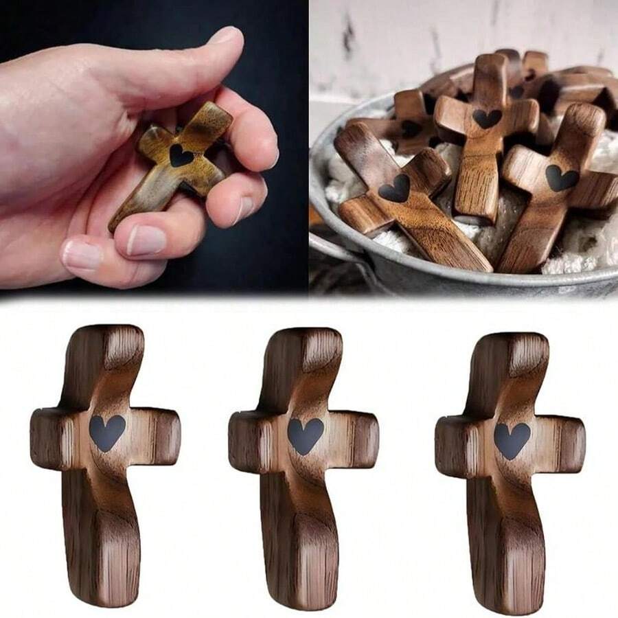 Handcrafted Walnut Wooden Pocket Cross – Thumb-Style Stress-Relief Religious Ornament, Christian Gift For Easter & Church, 3 Pack - 駝色 - 查看 1