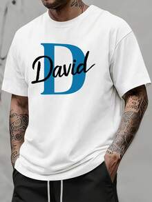 [Handwritten Print Tee] Lightweight Cotton Blend Men's Casual Crew Neck T-Shirt With "David" Handwritten Print |   Short Sleeve, Regular Fit, Ideal For Summer And Spring Outdoor Wear, Spring Casual Wear |   Handwritten Print Tee - 白色 - 查看 1