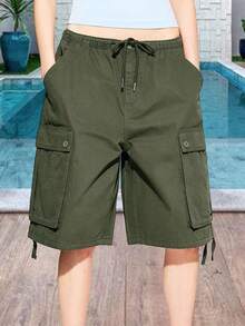 Cargo Shorts For Women Elastic Waist Knee Length  Shorts Summer Outdoor Waterproof Hiking Pants With Pockets - Army Green - View 8