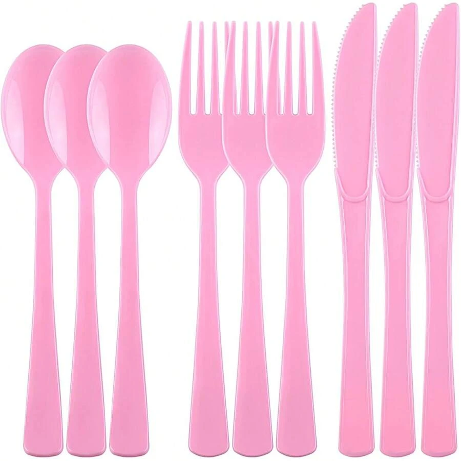 طقم أدوات المائدة الوردية للحفلات - يشمل 25 شوكة و 25 سكين و 25 ملعقة، قابلة لإعادة الاستخدام وتنظيفها في غسالة الأطباق. مثالي لأدوات المائدة في حفلات الزفاف والأعياد والمناسبات والاحتفالات وديكور عيد الميلاد.