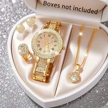 5 Stück elegantes Quarz-Uhren-Set für Frauen, Zifferblatt mit römischer Skala aus Legierung, mit Halsketten, Ringen, Ohrringen, Armbändern usw., Geschenk für Mütter, luxuriöser und bequemer Armband, klassisches rundes Zifferblatt, geeignet für Feste, Partys, Hochzeiten und den täglichen Gebrauch, ist das beste Geschenk für Frauen, ohne Verpackungsbox.