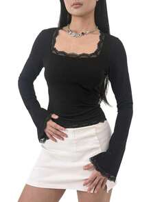 Women's Y2k Lace Trim Crop Tops Long Sleeve Square Neck Slim Fit Solid Color Tops Spring Fall Casual Going Out Blouse Tops Streetwear - 黑色 - 查看 5