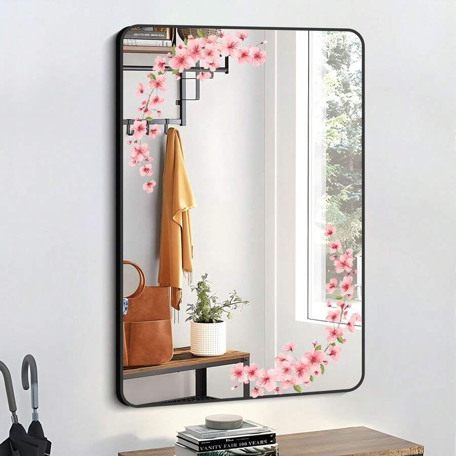 Sakura Glass Decorative Stickers, Self-Adhesive Entryway Bathroom Mirror Stickers, Fresh Home Mirror Beautifying Stickers, Creative Wall Decor Stickers - Pink - View 1