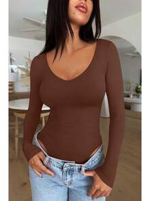 V Neck Long Sleeve Bodysuit - Comfy Double Lined Basic Top - Brown - View 3