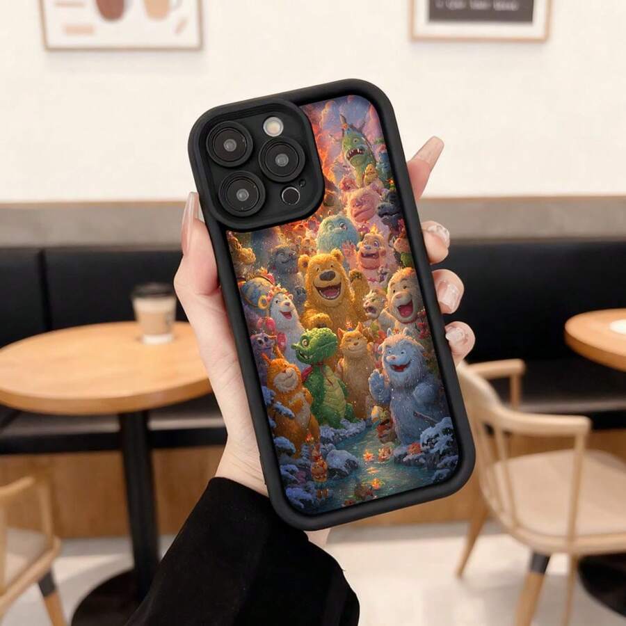 Cubierta de teléfono con diseño de personajes animados multicolor para iPhone 14 Pro Max funda protectora con estampado de monstruos divertidos y escena mágica ideal para uso diario en cafeterías y salas de estar Aplicable a los teléfonos de la serie Apple y Galaxy - Negro - Ver 1