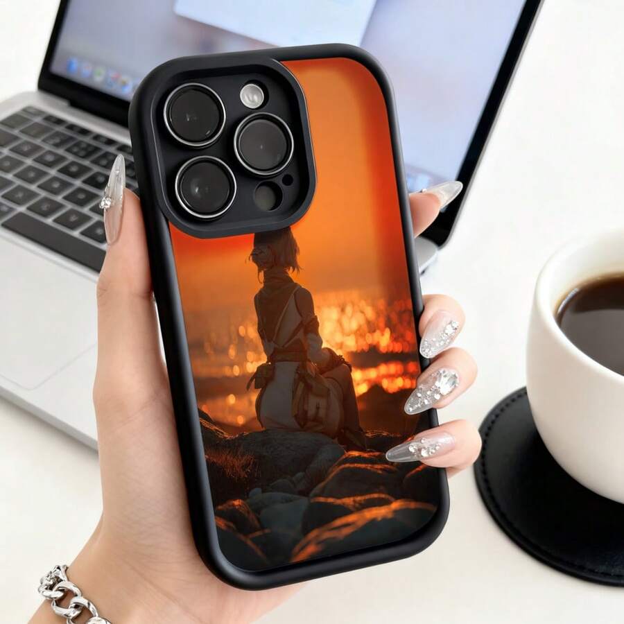 Cubierta de telefono con borde negro diseño de atardecer con silueta de persona sentada sobre rocas para iPhone 14 Pro Max ideal para uso diario y estilo moderno - Negro - Ver 1