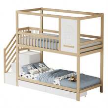 Beliche infantil, 90*200cm, cama de casal em madeira maciça, formato de casinha com janelas, design com grade de , gavetas para armazenamento e escada de , cor madeira. - Castanho - Ver 5