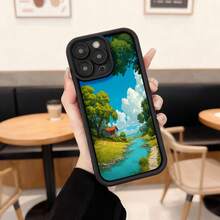 Cubierta de teléfono con borde negro diseño paisaje natural con río y casa entre árboles para uso diario en cafeterías y exteriores Aplicable a los teléfonos de la serie Apple y Galaxy - Blanco - Ver 3