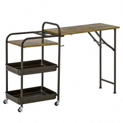HOMCOM Rolling Kitchen Cart, Serving Cart With Folding Table, 2 Shelves, Wheels And Adjustable Pads For Kitchen And Dining Area On Site.