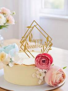 1pc/3pcs/3pcs Happy Anniversary Acrylic Cake Topper, Anniversary Cake Decorations, Valentine's Day Cake Decor, Wedding Anniversary Cake Decor, Home & Kitchen Essentials, Baking Decorations, Baking Supplies, Cake Decorations - Gold - View 2