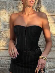 Apperloth A Top de corset overbust sexy, top court rayé pour femmes. Laçage devant crochet, dos nu, amincissant avec baleines pour le maintien de la taille. Shapewear pour femmes, à porter au quotidien, pour les sorties, les festivals de musique rave, les soirées Y2K - Noir - Voir 2