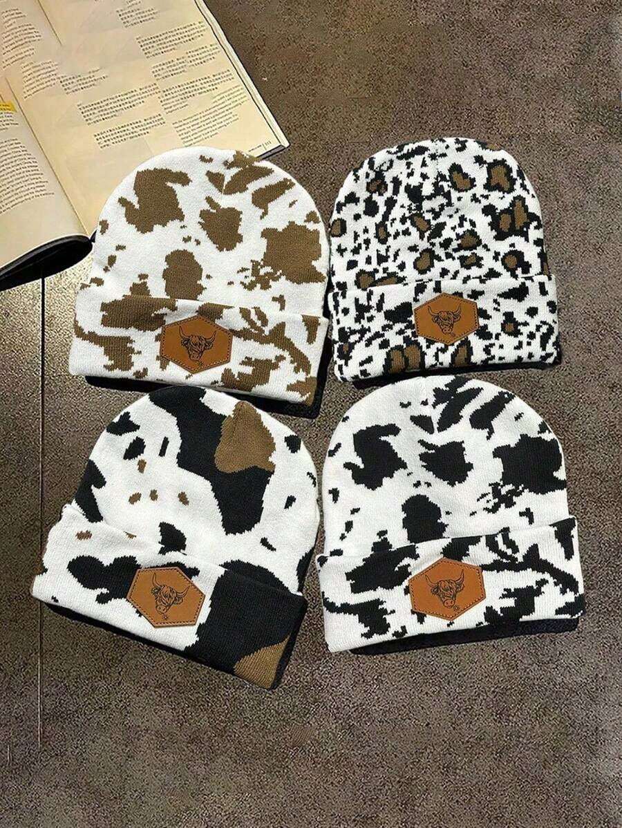 1pc Camouflage Print Casual Jacquard Knit Warm Beanie Hat, Unisex Outdoor Warm Hip Hop Fold Edge Milk Hat With Brand Logo, Suitable For Spring, Autumn And Winter Leopard Print Fall Outfit - 彩色 - 查看 1