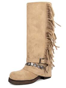 Women's Fringe Knee High Riding Boots Slouchy Square Toe Fold Over Biker Boots Comfortable Dress Party Shopping Christmas Outdoor Moto Buckle Boots For Women - 棕色 - 查看 6