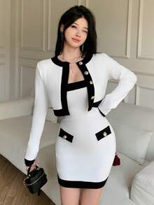 abyoxi 女款拼色金色單排扣長袖圓領短版針織開襟外套，搭配抹胸修身迷你洋裝，彈性針織面料兩件套，復古優雅迷人時尚，適合辦公通勤、日常出遊、休閒聚會、約會，秋冬穿搭 - 白色 - 查看 6