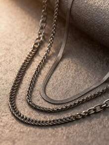 3pcs Stainless Steel Hip Hop Style Chain Necklaces, Black Titanium Steel Men's Daily Wear (Handmade, 1-3cm Tolerance) - Black - View 4