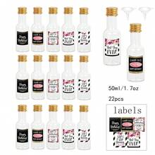 22/3 chai nhỏ chủ đề sinh nhật 0,85oz/1,7oz - Chai nhựa đựng rượu có thể tái sử dụng, Chai đựng đồ uống, Chai nhựa đựng rượu, Có nắp màu vàng và bạc và 2 phễu, Chai nước ép mini, Chai nước sốt cay nóng, Ngày sinh nhật, Quà tặng tự làm - Trong sáng - Xem 11