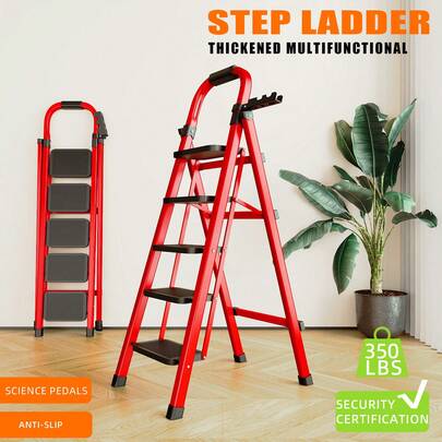 Heavy-Duty 5-Step Folding Ladder - Heavy-Duty A-Type Metal Ladder With Thickened Anti-Slip Iron Ladder Treads, Wide And Locking System, 5-Section Folding Design, Suitable For Home Use, With A Load Capacity Of 550 Pounds.