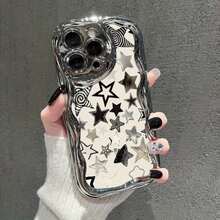 Este estuche perfecto para el 16, con un diseño de ondas de crema electroplatinado y un patrón de estrellas negras y blancas, un estuche protector elegante y duradero, lo que lo convierte en un regalo excelente para los seres queridos, compatible con modelos de 16, 15, 14, 13, 12 y 11 Pro, (impresión 2D) - Plateado - Ver 3
