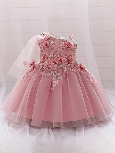 Baby Girls' Asymmetric Bow Floral Mesh Princess Dress, Suitable For Party, Flower Girl, Fabric & Floral Pattern May Vary, Headband Not Included