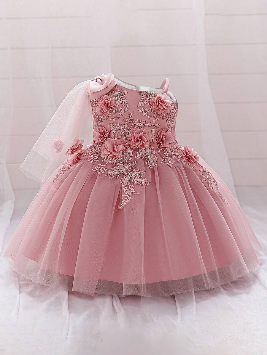 Vestido de Princesa con Lazo y Flor de Malla para Niñas Bebé, Adecuado para Fiesta de Niña de Flores, Patrón Floral de Tela con Corte Aleatorio, Diadema No Incluida - Rosa vieja - Ver 1