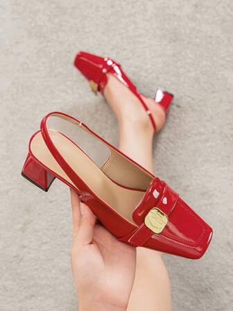 Retro French Style Solid Color Elegant Commuter Thick Heel Metal Buckle High Heels, New Summer Date/Home Wear Pumps For Women