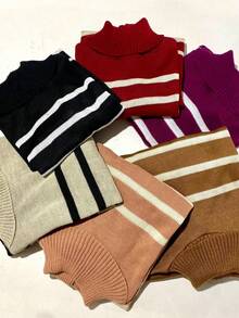 Women's Striped Knit Turtleneck Poncho Cold Weather Blouse Sweater Coat Knitwear Fall/Winter Fashion - trắng - Xem 5