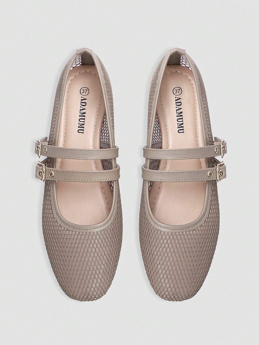 ADAMUMU Women's Fishnet Hollow-Out Ballet Flats, Lightweight Mesh, Two Elegant Buckles, Thoughtful Perforated Design, Comfortable & Breathable Fashion - Mocha Brown - View 1