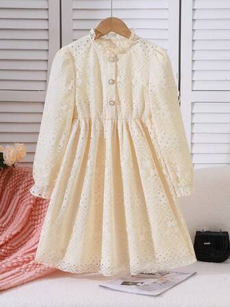 Vestido de princesa con cuello de encaje y botones de perla para niñas preadolescentes, vestido de manga larga, otoño/invierno