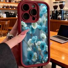 Cubierta de teléfono con borde negro y diseño floral azul claro para iPhone 14 Pro Max estilo elegante para uso diario en oficina o hogar - Negro - Ver 4