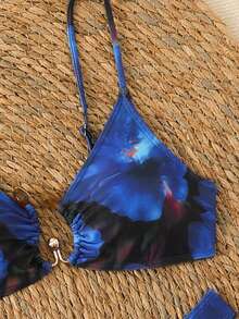 Đầm maxi lưới in hoa mới với họa tiết kim loại, dây mảnh và xẻ tà, bộ bikini 3 mảnh thích hợp cho bãi biển, tiệc bể bơi, kỳ nghỉ hè. - Màu xanh lam - Xem 4
