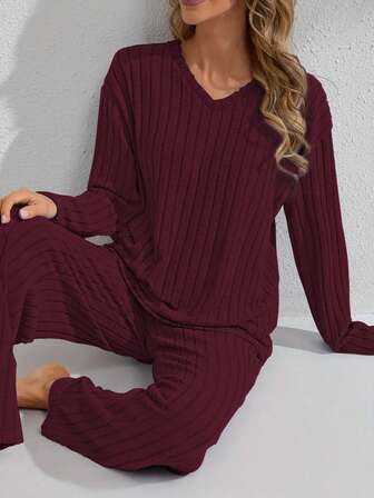 Women's Autumn/Winter Loose Ribbed V-Neck Long Sleeve Top And Long Pants Pajama Set, Casual Homewear