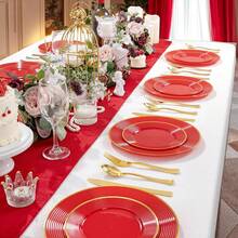 100 Red Plastic Dinner Plates - Red And Gold Two-Tone Dinner Plates  100 Dinner/Dessert Plates  - Durable Disposable Plates  Ideal For Parties, Christmas, And New Year Celebrations - Đỏ - Xem 4