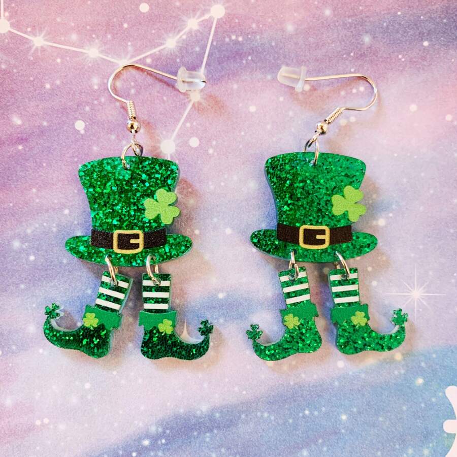 1 Pair 2D Retro Style St. Patrick's Day Lucky Four-Leaf Clover Green Boots Irish Earrings, Acrylic Pendant With Stainless Steel Fish Hook, Sparkling Clover Top Hat Design, Suitable For All Seasons Festival Daily Wear, Quirky Earrings - Multicolor - View 1
