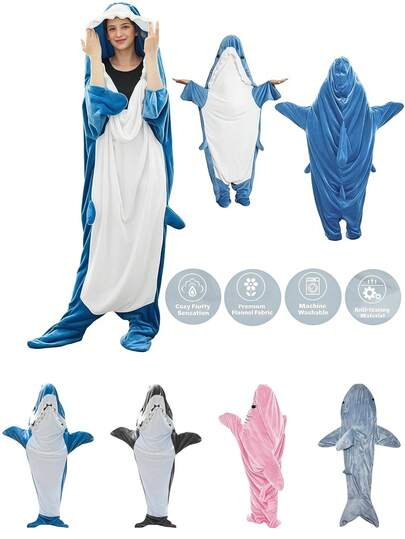 1pc (Slightly Small Sized) Soft & Comfortable Flannel Shark Blanket For Adults & Teens, Cartoon Shark Hooded Jumpsuit Sleeping Bag, Shark Costume Blanket For Shark Lovers (Blue, M Size) - Fits Height 51" To 59" (130-150cm)