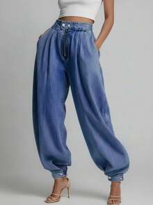 女士休闲宽松阔腿褶皱卷边薄款牛仔裤，春秋 - 亮藍 - 查看 3