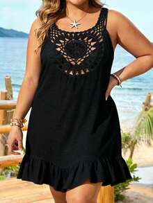 Swim Vcay Plus Size Women's Solid Color Sleeveless Hollow Out Cover Up,Summer Beach - Black - View 1