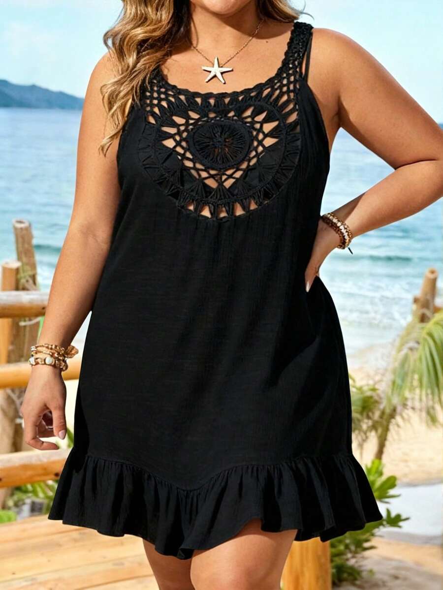 Swim Vcay Plus Size Women's Solid Color Sleeveless Hollow Out Cover Up,Summer Beach - Black - View 1