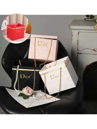 Foldable Floral Gift Box With Chain Handle, Made Of Thick Cardboard And Metal Chain, Strong Load-Bearing, Waterproof And Anti-Deformation, Suitable For Fresh Flowers, Dried Flowers, Handmade Gifts And Souvenirs Packaging