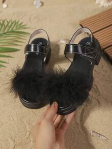 1 Paar Damen Plateau-Sandalen mit Fellbommel Dekor, Kunstleder, rutschfest, offene Zehenkeilabsätze, Y2K süßer & cooler Stil, geeignet für Strand, täglichen Weg zur Arbeit