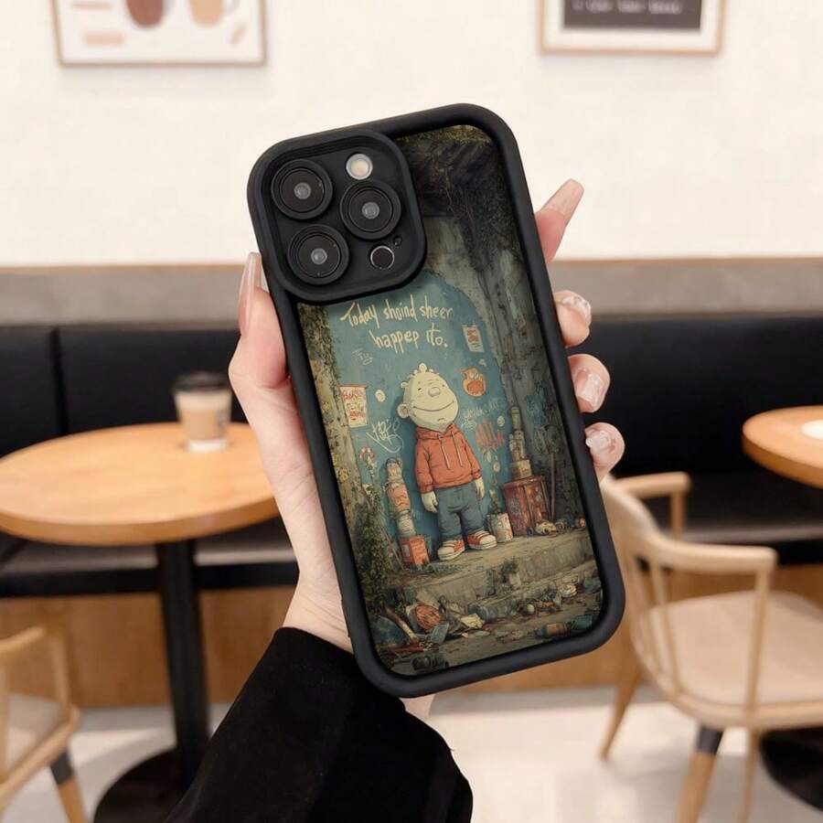Cubierta de telefono con borde negro para iPhone con estampado de personaje animado en escena de bosque y texto inspirador ideal para uso diario en cafeterias y espacios urbanos Aplicable a los teléfonos de la serie Apple y Galaxy - Burdeos - Ver 1