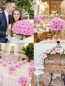 50 Pcs Artificial Roses Bulk Velvet Silk Pink Roses Pink Roses For Wedding Centerpieces Bridal Bouquet Mother's Day Valentine's Day Home Decor (50, Pink) - 粉色 - 查看 7