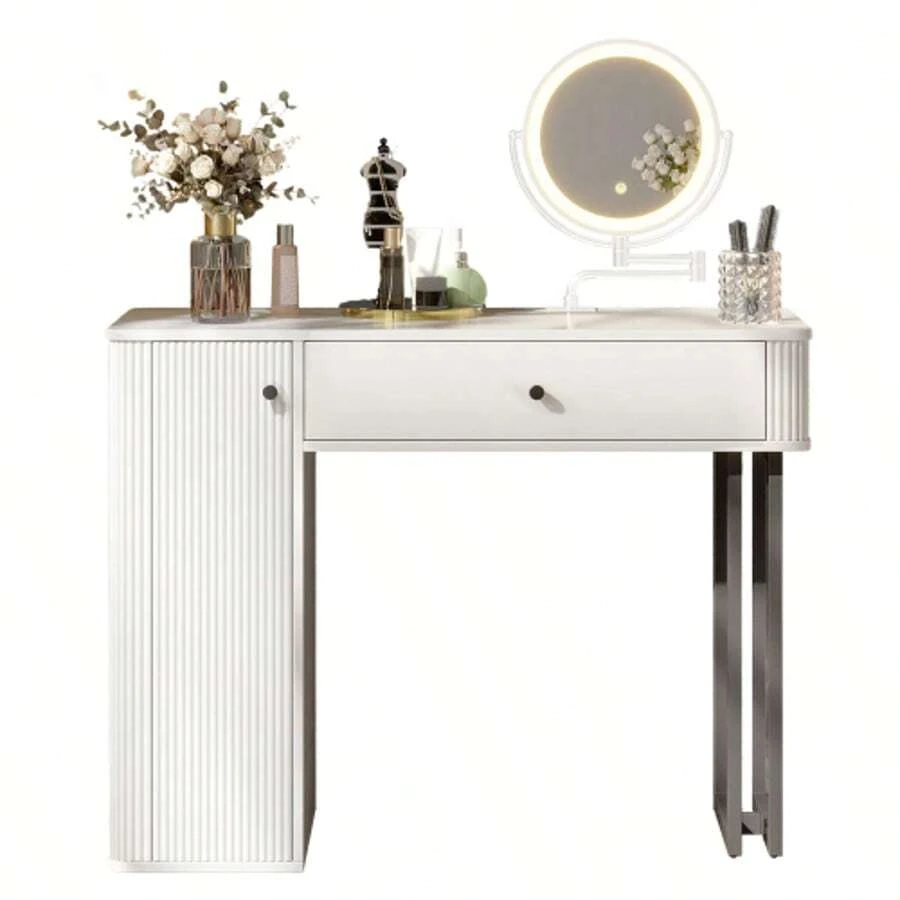 Dressing Table, Cosmetic Set With LED Mirror, 1 Drawer, 1 Door, 3-Color LED Lighting, Dimensions: W100*H116*D40cm (Without Stool) - White - View 1