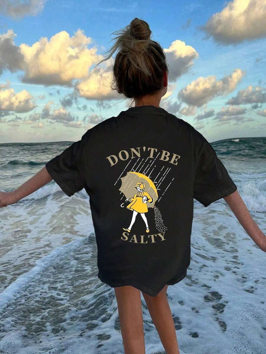 Tween Girl Fun Printed Round Neck Short Sleeve T-Shirt, Summer Top - Black - View 1