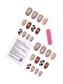24 piezas de diseños de arte de uñas de otoño e invierno con mariposa monarca, patrones de líneas doradas y brillos a cuadros para uñas postizas cortas ovaladas - Multicolor - Ver 5