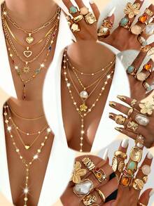 1/4pcs Vintage Elegant Delicate Bohemian Style Women Metal Jewelry Set, Includes Y-Necklace And Colorful Gemstone Rings, Suitable For Daily Wear, Party And Wedding - Gold - View 1