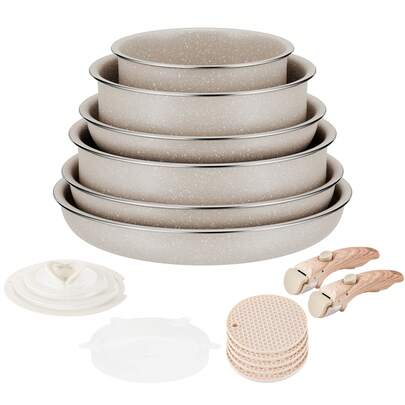  Ensemble de casseroles et poêles à induction RIOVARM avec poignées amovibles, batterie de cuisine antiadhésive en granit empilable avec couvercles en silicone, ensemble de casseroles et poêles gain de place, poêle, casseroles, fournitures pour dîner en famille, fournitures pour fête