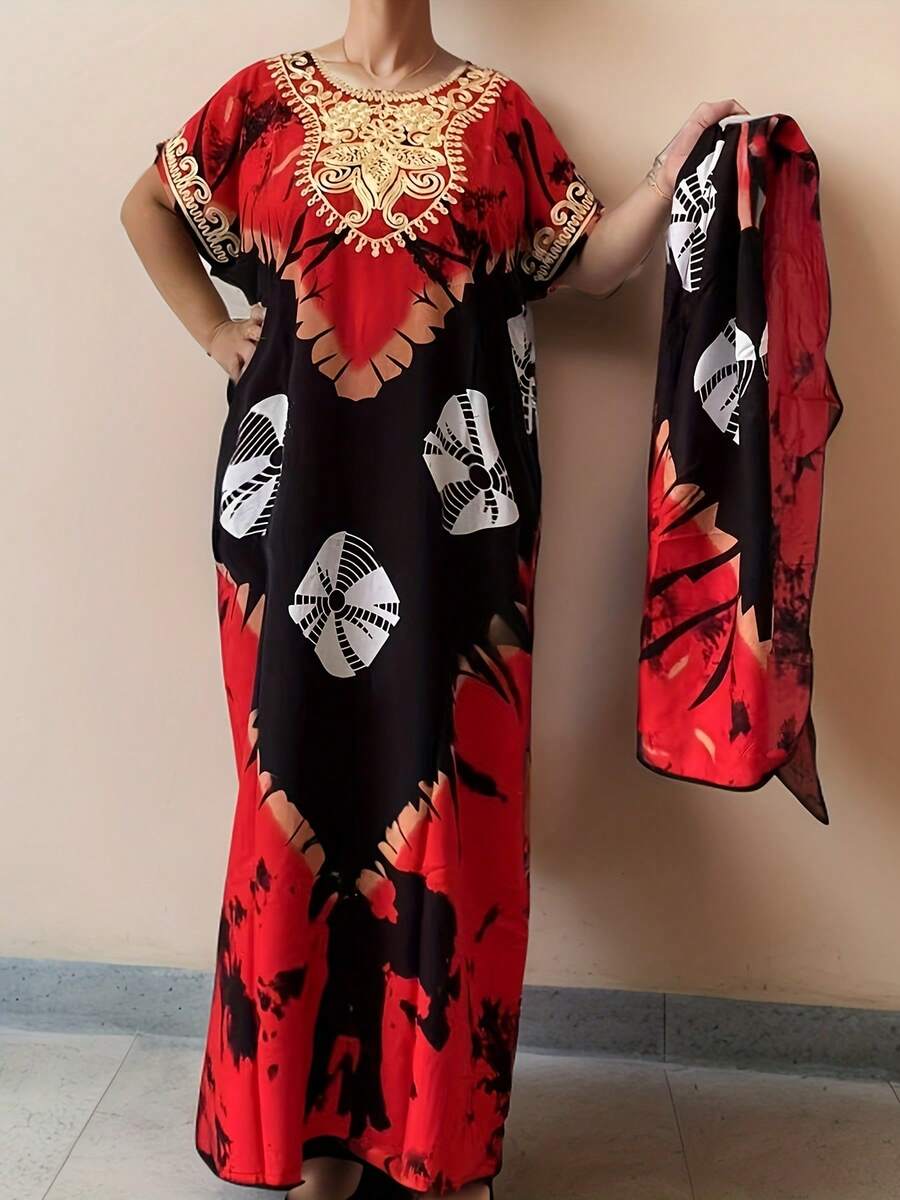 Dress With Large Elegant Flower Print - Round Neck, Bat Sleeve Embroidered Robe, Plus Size Elegant Women's Robe - Red - View 1