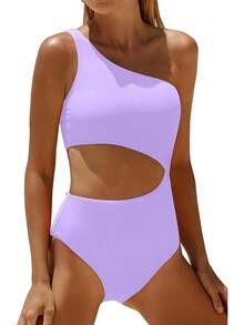 Women's Swimsuit - One Shoulder Cutout Tummy Control Bathing Suit - 薰衣草 - 查看 11